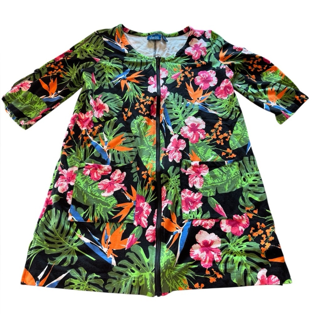 D&Co Beach Green Tropical Floral Full Zip Beach Cover Up M